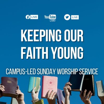 A group of students gathered outdoors for campus bible study and worship service.